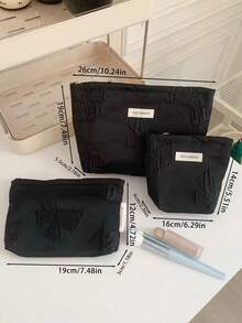 黑色蝴蝶结手拿包，旅行百搭，便携易用，适合返校季化妆包，时尚休闲大容量拉链化妆包，旅行文具收纳包，度假必备化妆包，可装卫生巾、有线耳机、耳塞、头戴式耳机、充电器、口红、香水、护肤品和美容产品，家居装饰，女士、护士适用，化妆包，旅行必备 - 黑色 - 查看 3