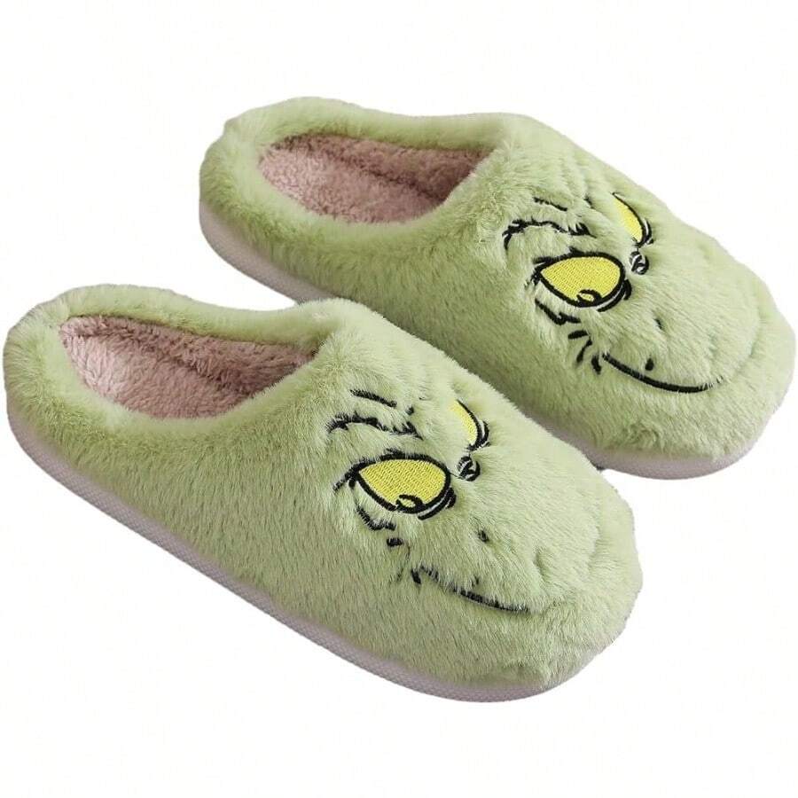 Hauioe Christmas Slippers Cartoon Plush Slippers Winter Soft Green Merry Christmas Gifts