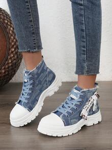 1 Pair Women's High Quality Versatile All Season Fashion High-Top Running Shoes, Flat Hiking Shoes, Sports Canvas Casual Sneakers, Suitable For Size 35-44