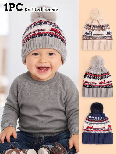 1 peça de gorro de malha infantil com estampa de trem de desenho animado e decoração superior com padrão geométrico branco, fofo, quente e confortável, adequado para bebês de 1 a 3 anos no outono/inverno