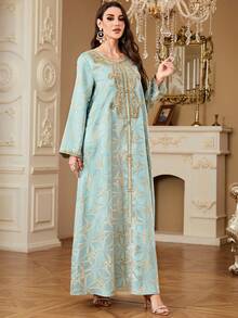 Solessence Women's Ramadan Ramadan New Embroidered Beaded Long Sleeve Dress, Suitable For Banquet, Home And Daily Wear, Abaya - Green - View 7