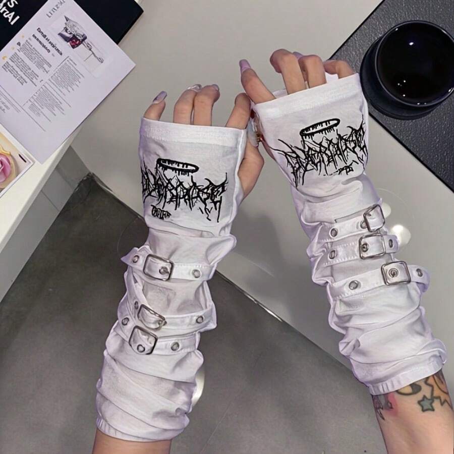 1 Pair Of New Embroidered Dark Metal Buckle Sleeves Black Half Finger ...