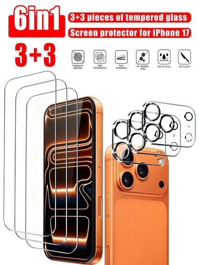 6-In-1 Set Compatible With Iphone 17 Pro Max, Includes 3 Pcs Tempered Glass Screen Protectors (6.9 Inch) And 3 Pcs Camera Lens Protectors, Compatible With Iphone 17 Pro Max/17 Pro/17/17 Air/16 Pro Max/16/16 Plus/15 Pro Max/15/14/13/12/11, Anti-Scratch, High Definition, Suitable For Phone Cases