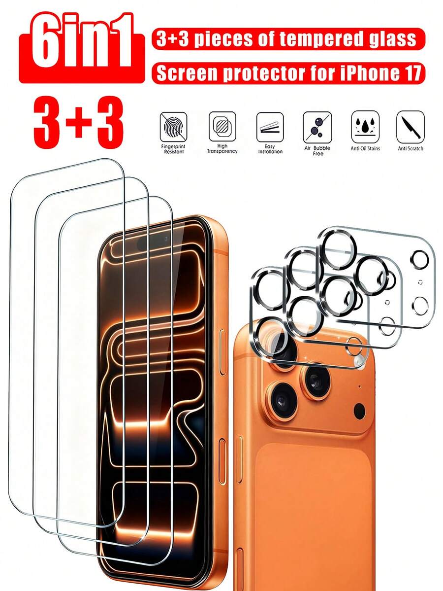 Bộ 6 trong 1 tương thích với iPhone 17 Pro Max, bao gồm 3 miếng dán màn hình cường lực (6.9 inch) và 3 miếng dán bảo vệ ống kính camera, tương thích với iPhone 17 Pro Max/17 Pro/17/17 Air/16 Pro Max/16/16 Plus/15 Pro Max/15/14/13/12/11, chống trầy xước, độ phân giải cao, phù hợp với ốp lưng điện thoại. - Trong sáng - Xem 1