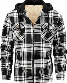 Men's Winter Fleece Warm Thick Plaid Jackets Heavyweight Cotton Hoodies Flannel Hooded Shirt JacketChristmas VTWT - A08黑白 - 查看 1