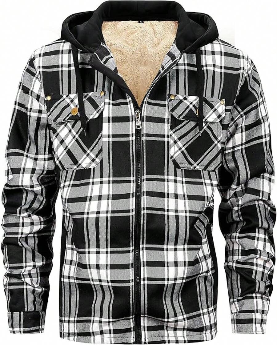 Men's Winter Fleece Warm Thick Plaid Jackets Heavyweight Cotton Hoodies Flannel Hooded Shirt JacketChristmas VTWT - A08黑白 - 查看 1