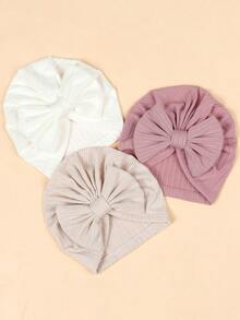 (3pcs/Set) Plain Baby Beanie With Bow Knot, Soft & Breathable Toddler Hat For All Seasons