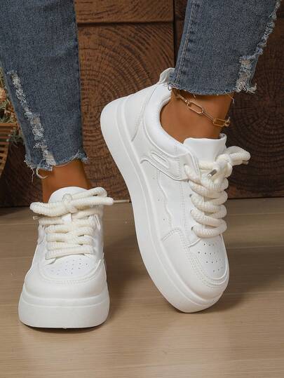 1 Pair Thick Sole White Sneakers For Teenagers, Fashion Chain Ankle Decor, Breathable Anti-Slip Durable Design, Comfortable Casual Versatile Style, Suitable For Daily Wear And Campus Activities