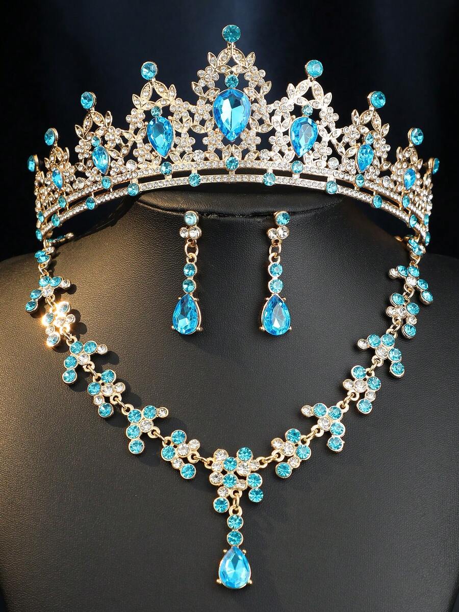 4件套优雅水钻莱茵石女王皇冠项链套装，新娘婚礼头饰，派对巴洛克风格珠宝情人节配饰