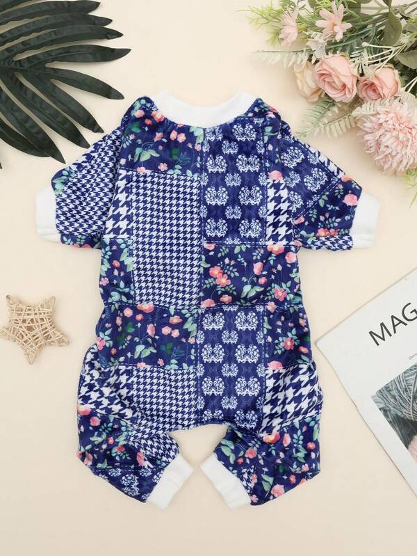 ملابس أربع قوائم للحيوانات الأليفة بطراز رجعي مزخرف بالزهور والهندسة المتداخلة، بيجامات فنية للكلاب والقطط، ملابس منزلية مريحة للكلاب الصغيرة