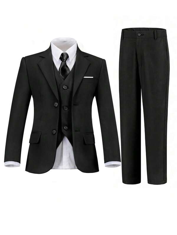 Boys Suits 5-Pieces Suit Set Toddler Tuxedos Dresswear Ring Bearer Outfit Wedding Blazer Vest Pants Shirts Tie Formal Suits For Kids Black Size 3-10Y