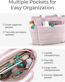 Tote Bag For Women, Lightweight Puffy Tote Bag With Compartments Quilted Shoulder Bag Handbag For Travel, Work, Gym - Pink - View 4