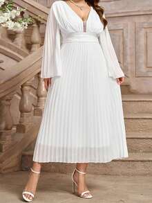 Vestido largo de mujer de talla grande de otoño con cuello en V, mangas largas, plisado y espalda descubierta en diseño de línea A - Blanco - Ver 2