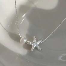 1pc Women's Elegant Starfish Imitation Pearl Pendant Necklace, Simple Versatile Alloy Short Necklace, Fashion Minimalist Design, Charming Collarbone Chain Jewelry, Suitable For Daily Wear Christmas Gift - 銀色 - 查看 3