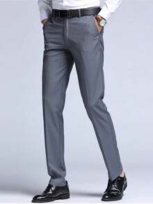 Men's Straight Leg Suit Pants, Business Formal Slim Fit Trousers, Black, Spring - Grey - View 1