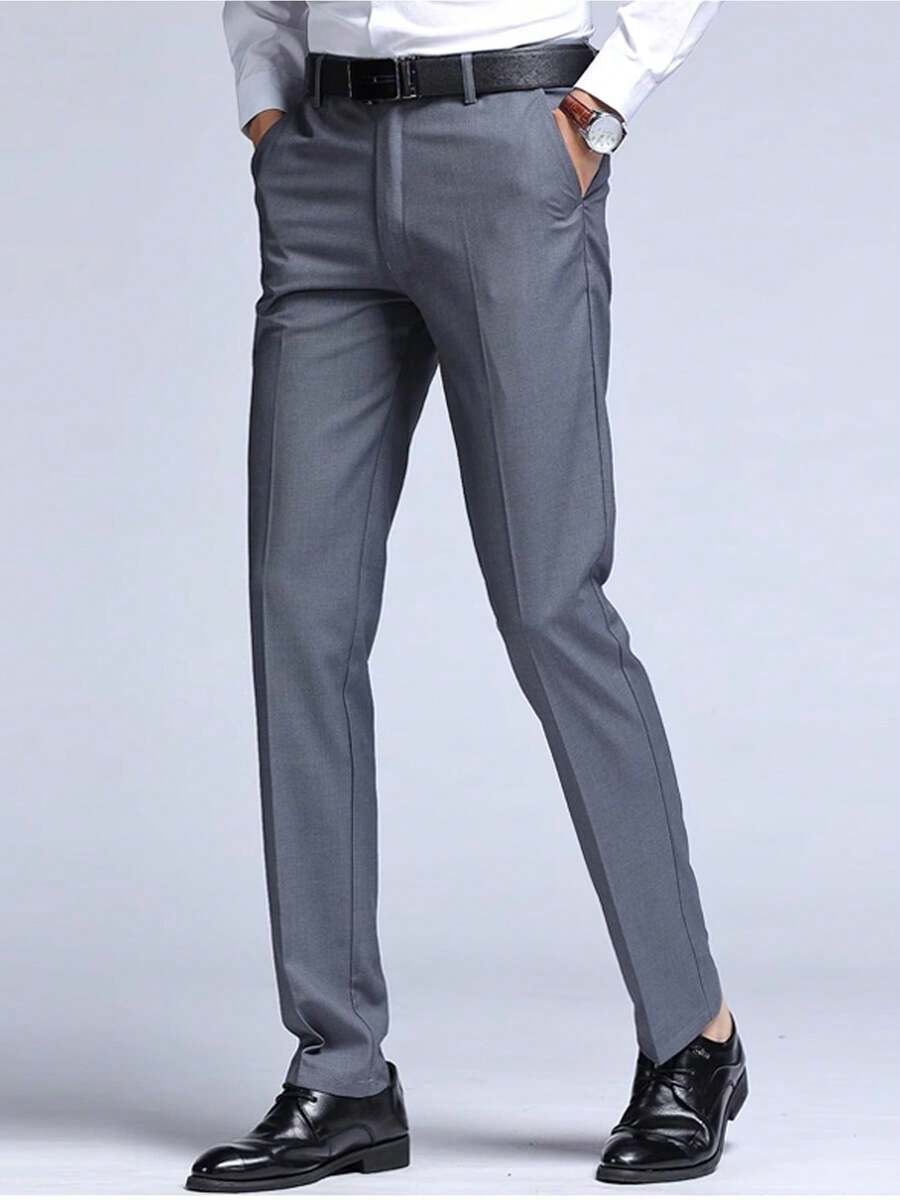 Men's Straight Leg Suit Pants, Business Formal Slim Fit Trousers, Black, Spring - Grey - View 1