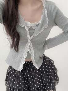 Lace Trim Long Sleeve Top And Camisole Set Spring - Grey - View 3
