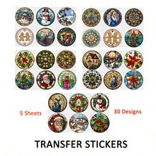 5 Sheets/Set, 30pcs Christmas Tree Round Glass Painting Stickers, UV DTF Glass Cup Stickers, Waterproof And Scratch-Resistant DTF Transfer Stickers, Suitable For Christmas Tree Ornaments, 16oz Glass Cups, Mugs, Crafts, Great For Decorating Personal Items!