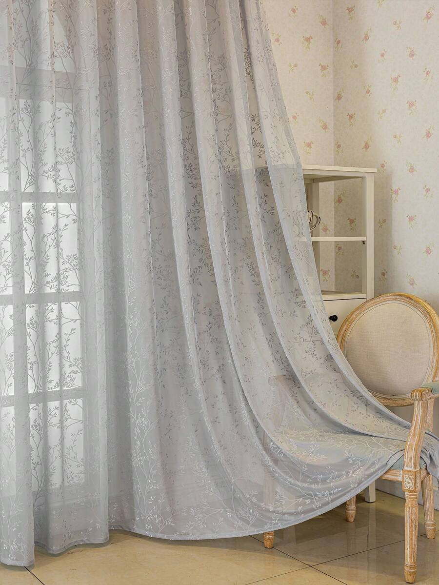 1 件欧式植绒樱花图案窗帘薄片适用于客厅、卧室、阳台、餐厅、加厚半透明隔断帘、提花简欧式灰色窗帘家居装饰 - 灰色 - 查看 1