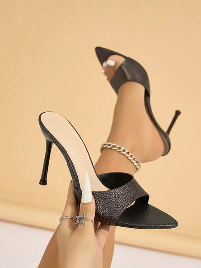 Women's High Heel Sandals, Fashion High-End Black Pointed Toe Sandals With Elegant Waist Design, Slip-On Bubble Texture, Refined Solid Color, Comfortable Material Suitable For Outdoor Travel, Dates, Gatherings, Runway, Sexy And Elegant, Mystery Brown Minimalist Sandals, Unique High Heels