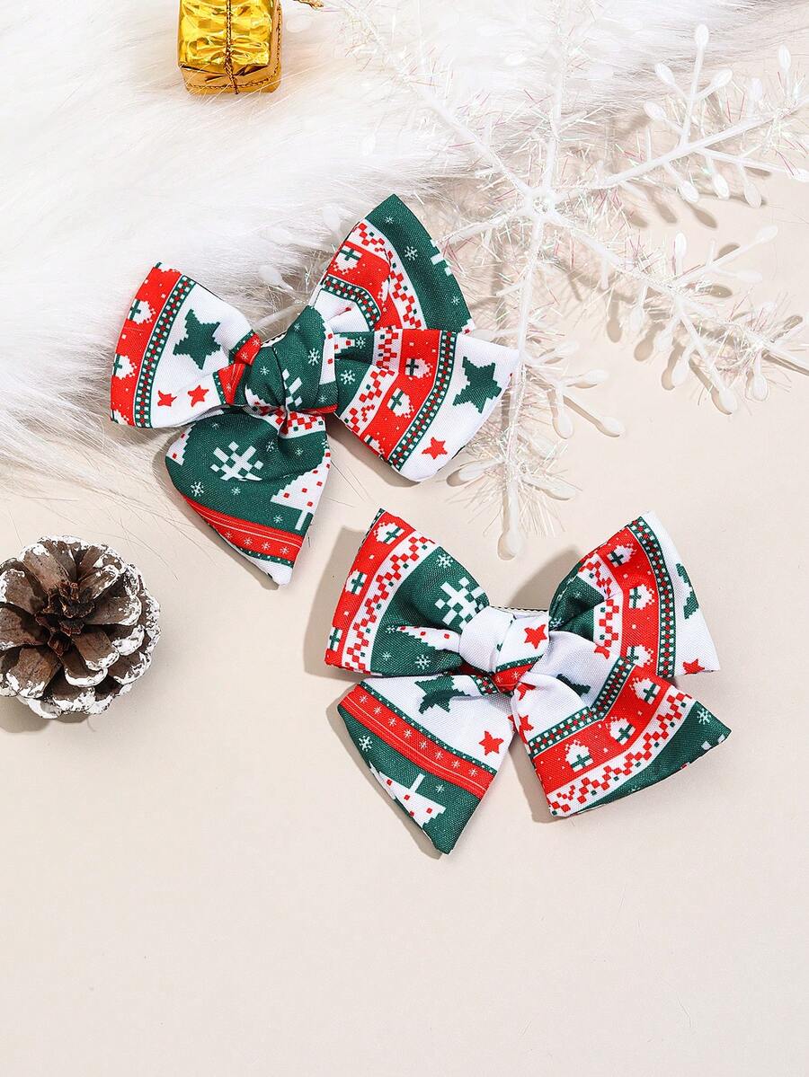 2PCS Christmas Green Bow Hair Clip For Girls, Christmas Tree Snowflake Print Bownot For Kid And Girls