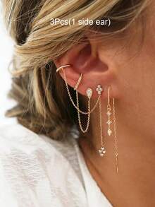 3 件套耳环女士锆石字母链耳钉时尚吊坠耳环女士迷人珠宝配饰 - 3Pcs/set(1 side ear) - 查看 10