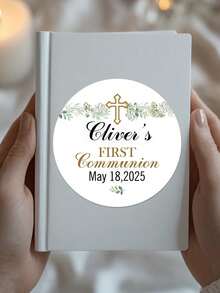 35Pcs Personalized Custom First Communion Stickers - Round (4x4cm) Customized Baptism And Naming Label Stickers. The Elegant Design (Chalice, Floral Patterns, Date/Name Personalization) Enhances The Gift Presentation. - Multicolor 3 - View 9