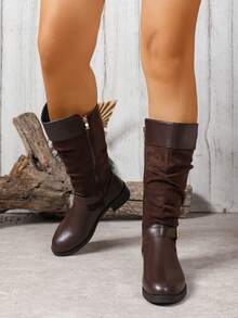 Botas de Tornozelo Retrô com Fivela para Mulheres Plus Size, Cor Sólida, Outono/Inverno, Design de Zíper Lateral e Cano Médio, Prático e Fashion. Forro Térmico para Aquecimento, Sola Plana Confortável, Couro + Forro de Lã Melhora a Qualidade e Elegância do Calçado, Formato Elegante da Perna, Versátil para Passeios, Um Item Fashion Indispensável no seu Guarda-Roupa.