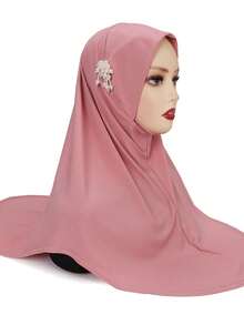 1pc Ready To Wear Instant Hijabs With Pearl Decor, Fashionable Solid Color Convenient Daily Wear Muslim Headscarf