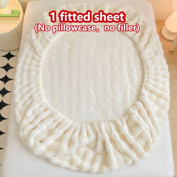 1 pieza Sábana ajustada de piel de conejo sintética gruesa, Cubierta protectora de colchón, Estampado floral, Esponjoso, Cálido, Resistente a las arrugas, Extraíble y lavable, Tamaño individual/doble/completo - Ideal para dormitorio y habitación de invitados - Burbuja elegante blanca - Añade 6
