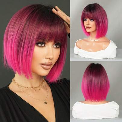 7JHH WIGS 女士渐变玫瑰红波波头假发，12英寸，华丽短直发，带刘海，深色发根，优质丝滑耐热合成纤维假发，可爱彩色假发，适合日常佩戴、音乐节庆典和街头服饰等特殊场合，派对假发配饰