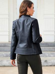 Giolshon Women Faux Leather Motorcycle Jacket - Asymmetric Zipper, Stand Collar, Suitable For Urban Streetwear And Commuting Style, Spring - Dark Blue - View 4