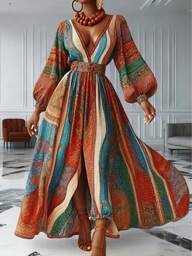 HERTALK "Bohemian Maxi Dress: Colorful Patchwork Print, Deep V-Neck & Puff Sleeves(Patchwork Skirt)