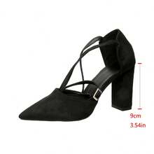 Nuevas sandalias de tacón grueso negro con diseño calado, sandalias de tacón alto para mujer con punta cerrada y tiras, tacones puntiagudos tipo slip-on para el trabajo y uso diario - Negro - Ver 9