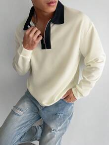 Men's Casual Color Block Long Sleeve Commuter Zip Design Polo Shirt, Fall - White - View 5