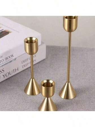 1pc/3pcs Set Minimalist Romantic Candle Holder, Vintage Brass-Color Metal Candle Stand, Home Decor, Wedding Prop, Holiday Decoration, Eid Mubarak Ramadan Dining Table Decor