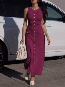 Đầm dệt kim không tay thanh lịch trang trí nút kim loại ôm vừa vặn cho nữ, đa năng cho công việc và giải trí, mùa xuân/hè - Màu Đỏ Sâu - Xem 9