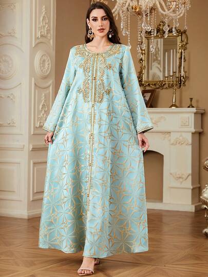 女士斋月新款刺绣串珠长袖连衣裙，适合宴会、居家及日常穿着，春季款长袍