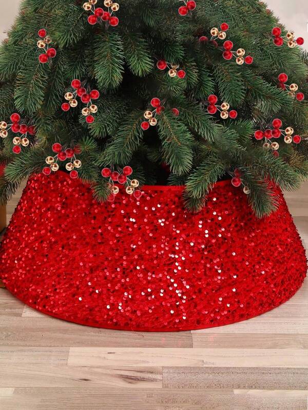 1 peça - Saia de árvore de Natal com glitter vermelho, decoração de base, saia de árvore de Natal 3D com detalhes de glitter, decoração de casa para festa de Natal, capa inferior para árvore de Natal, saia de árvore brilhante e grossa em vermelho com adesivo para fácil armazenamento, melhores presentes, decorações de aniversário, decoração de quarto, decoração de festa de Natal, Natal