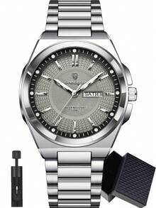 POEDAGAR 1 件男士不锈钢防水夜光石英表，经典休闲日期星期显示男士腕表，时尚男士腕表，适合日常场合，男士礼物 - 均碼 - 查看 16