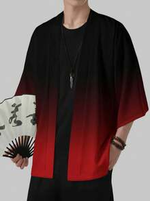 Men's Kimono Cardigan, Red Ombre Print Top, Clothing