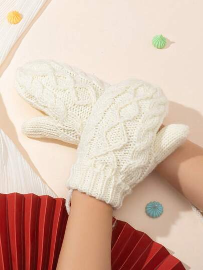 1 Pair Women's Autumn/Winter Warm Cable Knit Neck Hanging Gloves, Suitable For Outdoor Use