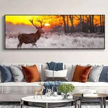 1pc Unframed Creative Canvas Poster, Rustic Deer At Sunset Landscape Painting, Waterproof Odorless Canvas Wall Art, Artwork Wall Painting For Birthday Gift, Bedroom, Office, Living Room, Wall Decor, Home And Dormitory Decoration