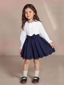 SHEIN 海军蓝时尚可爱蝴蝶结装饰百褶裙，适合年轻女孩，适合休闲优雅的日常穿着 - 藏蓝色 - 查看 5