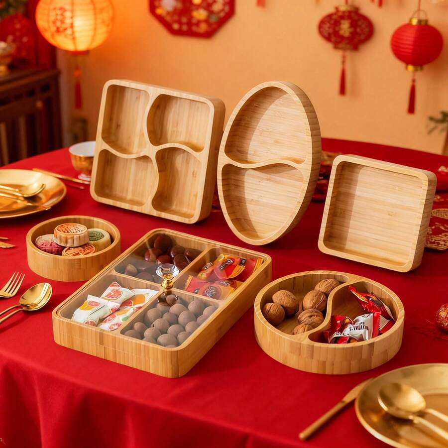 1 件木制托盘小吃拼盘、干果盘、糖果甜点盘、炉边茶盘、中式茶盘、订婚婚礼果盘盒 - 卡其色 - 查看 1