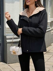 Jaqueta com Capuz Feminina, Casaco Casual Parka, Tecido Acolchoado de Cor Sólida, Adequado para Outono, Inverno, Primavera - Preto - Visão 3