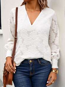 Blusa de encaje blanca con cuello en V, mangas abullonadas y puños con volantes para mujer talla grande, adecuada para uso diario, cumpleaños, fiestas y vacaciones