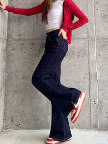 女士海军蓝百搭弹力牛仔裤，直筒裤型，裤脚开衩 - 深藍色 - 查看 2