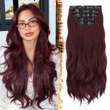 FESHFEN Clip-In Extensions, 50 Cm Wavy Clip-In Hair Extensions Blonde For Women, 5 Pieces, Natural Hair Extensions, Synthetic Hairpiece, Hair Extensions - Campuran Burgundy Gelap - View 1