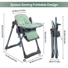 Cochildor 3-In-1 Foldable High Chair For Babies & Toddlers – Adjustable Height, Reclining Seat, 5-Point Safety Harness, Removable Tray, Lockable Wheels, Washable Cushion – Portable & Easy,Green/White/Black - 綠色 - 查看 2